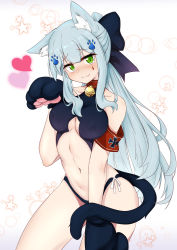 Rule 34 | 1girl, absurdres, animal ear fluff, animal ears, animal hands, armband, bell, bikini, black bikini, black bow, blue hair, blunt bangs, bow, breasts, cat ears, cat tail, cleavage, closed mouth, collar, collarbone, contrapposto, covered erect nipples, cowboy shot, cross, facial mark, fang, fang out, girls&#039; frontline, gloves, green eyes, hair bow, half updo, head tilt, heart, highres, hk416 (girls&#039; frontline), iron cross, jingle bell, kaiven banzhang, kemonomimi mode, long hair, medium breasts, navel, paw gloves, paw hair ornament, paw pose, ribbon, side-tie bikini bottom, skindentation, smile, solo, star (symbol), starry background, stomach, straight hair, swimsuit, tail, thighs, wavy hair, white ribbon