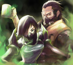 Rule 34 | 1boy, 1girl, animification, apex legends, beard, black background, breasts, brown eyes, brown hair, caustic (apex legends), commentary request, crossover, cup, facial hair, gas mask, goggles, green eyes, hair behind ear, hair slicked back, hajime (hihumikara), hazmat suit, highres, holding, holding cup, mask, medium breasts, mouth mask, mug, one eye covered, partial commentary, power connection, short hair, smoke, valorant, viper (valorant)