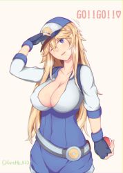 Rule 34 | !, 1girl, arm at side, baseball cap, belt, blonde hair, blue eyes, blue gloves, blush, breasts, casual, copyright name, cosplay, covered navel, cowboy shot, creatures (company), cropped jacket, female protagonist (pokemon go), female protagonist (pokemon go) (cosplay), fingerless gloves, game freak, gloves, hair between eyes, hand up, hat, highres, holding, holding phone, holding poke ball, iowa (kancolle), kantai collection, large breasts, long hair, looking at viewer, mino kureha, nintendo, one eye closed, phone, poke ball, pokemon, pokemon go, short jumpsuit, skin tight, sleeves past elbows, smile, solo, star-shaped pupils, star (symbol), symbol-shaped pupils, twitter username