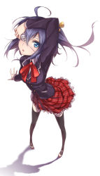 Rule 34 | 10s, 1girl, :o, ahoge, black thighhighs, blazer, blue eyes, blue hair, bow, chuunibyou demo koi ga shitai!, eyepatch, foreshortening, from above, hong (white spider), jacket, looking at viewer, looking up, matching hair/eyes, one side up, open mouth, perspective, plaid, plaid skirt, school uniform, short hair, side ponytail, skirt, solo, takanashi rikka, thighhighs, zettai ryouiki