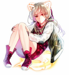 Rule 34 | 1girl, blonde hair, closed mouth, full body, hair between eyes, highres, jacket, letterman jacket, long hair, looking at viewer, reality arc (sinoalice), red eyes, red footwear, red jacket, red riding hood (sinoalice), shoes, simple background, sinoalice, sneakers, solo, towada-san (thank39), twintails, v-shaped eyebrows, white background