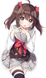 Rule 34 | 1girl, antenna hair, bad id, bad pixiv id, black thighhighs, blush, bow, brown eyes, brown hair, closed mouth, collarbone, commentary request, copyright request, crossed fingers, frilled skirt, frills, grey sailor collar, grey skirt, hair between eyes, hair bow, long hair, long sleeves, looking at viewer, plaid, plaid skirt, pleated skirt, red bow, sailor collar, shirt, simple background, skirt, solo, sumisaki yuzuna, thighhighs, tongue, tongue out, twintails, white background, white shirt, x fingers