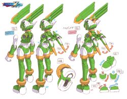 Rule 34 | 1boy, armor, boots, character sheet, commentary request, concept art, copyright name, crop top, full body, green armor, green footwear, green helmet, head wings, male focus, mechanical wings, mega man (series), mega man x (series), mega man x dive, mega man zero (series), mega man zero 1, mega man zero 3, multiple views, nakayama tooru, official art, sage harpuia (mega man), second-party source, simple background, thigh boots, translation request, white background, wings