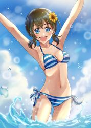 Rule 34 | 10s, 1girl, :d, absurdres, arms up, bikini, blue bikini, blue eyes, blue sky, blurry, blurry background, breasts, brown hair, cleavage, cloud, collarbone, day, flower, genderswap, genderswap (mtf), gluteal fold, hair flower, hair ornament, highres, kuroneko w1nter, lens flare, looking at viewer, low twintails, medium breasts, navel, open mouth, osomatsu-san, osomatsu (series), outdoors, outstretched arms, short hair, short twintails, side-tie bikini bottom, sideboob, sky, smile, solo, standing, striped bikini, striped clothes, sunflower, swimsuit, twintails, wading, water, yellow flower