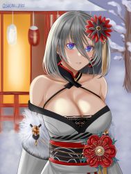 Rule 34 | 1girl, artist name, azur lane, bare shoulders, blue eyes, blush, breasts, cleavage, collarbone, commentary, english commentary, feather boa, flower, grey hair, hair flower, hair ornament, highres, japanese clothes, kimono, large breasts, looking at viewer, official alternate costume, open mouth, parted lips, sacro kies, sacrokies, short hair, solo, teeth, tirpitz (azur lane), tirpitz (seasonal pine and the frost flower) (azur lane), upper body, white kimono, yukata