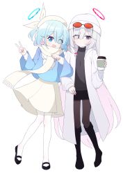 Rule 34 | 2girls, absurdres, alternate costume, arona (blue archive), black eyes, black footwear, black pantyhose, black shirt, black skirt, blue archive, blue eyes, blue hair, blue halo, blue shirt, blush, boots, closed mouth, coat, coffee cup, colored inner hair, cup, disposable cup, eyewear on head, full body, hagoonha, halo, highres, holding, holding cup, knee boots, long hair, looking at viewer, multicolored hair, multiple girls, open clothes, open coat, open mouth, pantyhose, pink hair, plana (blue archive), red halo, scarf, shirt, shoes, short hair, simple background, skirt, smile, white background, white coat, white hair, white pantyhose, white scarf, white skirt