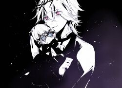 Rule 34 | 1boy, black shirt, crown of thorns, long sleeves, looking at viewer, luciole no hime, male focus, neuro paptesma, open mouth, partially colored, pink eyes, qi7pi, shirt, short hair, smile, solo, teeth