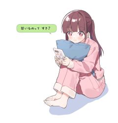 Rule 34 | 1girl, bandaid, bandaid on hand, barefoot, blush, brown hair, cellphone, closed mouth, colored shadow, commentary request, feet, full body, holding, holding phone, knees up, long hair, nirareba, hugging object, original, pajamas, pants, phone, pillow, pillow hug, pink pajamas, pink pants, pink shirt, ponytail, red eyes, shadow, shirt, sidelocks, simple background, solo, toes, translation request, white background