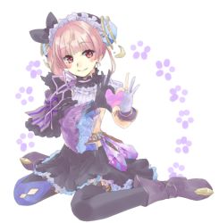 Rule 34 | 1girl, atelier (series), atelier lydie &amp; suelle, bad id, bad pixiv id, blush, boots, bow, full body, hairband, heart, heart hands, long hair, lydie marlen, miyama leaves, pink eyes, pink hair, potion, side ponytail, sitting, solo, sparkle, thighhighs, white background
