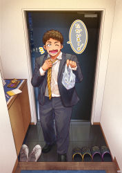 Rule 34 | 04sora40, 1boy, bag, business suit, cabinet, calendar (object), commentary, crocs, dress shoes, entrance, formal, holding, holding bag, looking at viewer, male focus, necktie, one eye closed, open door, open mouth, salaryman, shoes, shouting, sneakers, suit, tile floor, tiles, translated, untying, wooden floor, yaoi