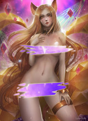 Rule 34 | 1girl, ahri (league of legends), alternate costume, animal ears, blonde hair, blush, bracelet, breasts, censored, choker, convenient censoring, facial mark, fox ears, fox tail, highres, idol, jewelry, k/da (league of legends), k/da ahri, k/da ahri-prestige edition, large breasts, league of legends, long hair, looking at viewer, makeup, navel, no bra, no panties, nude, open mouth, solo, standing, tail, turewindwalker, very long hair, whisker markings, yellow eyes