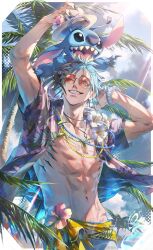 Rule 34 | 1boy, abs, alien, arms up, beach, bracelet, clenched teeth, cloud, commentary, creature, fingernails, floral print, flower, flower necklace, floyd leech, green eyes, green hair, green nails, hat, hawaiian shirt, heterochromia, highres, inuganeteru, jewelry, leaf, lilo &amp; stitch, looking up, male focus, multicolored hair, muscular, muscular male, nail polish, navel, necklace, open clothes, open mouth, open shirt, orange-tinted eyewear, outdoors, palm tree, pectorals, pink flower, pointing, round eyewear, shadow, sharp fingernails, sharp teeth, shell, shell necklace, shirt, short hair, short sleeves, sky, smile, stitch (lilo &amp; stitch), straw hat, streaked hair, summer, sunglasses, sunlight, symbol-only commentary, teeth, tinted eyewear, tree, twisted wonderland, two-tone hair, white flower, yellow eyes