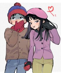 Rule 34 | 1boy, 1girl, animification, beanie, black hair, border, brown coat, child, coat, commentary, commentary request, couple, cowboy shot, denim, facing viewer, fur hat, gloves, hand on own face, hat, heart, hetero, holding hands, jeans, long hair, looking at viewer, looking to the side, miyage no nukegara, open mouth, pants, short hair, south park, stan marsh, teeth, upper teeth only, wendy testaburger, white border, wispy bangs