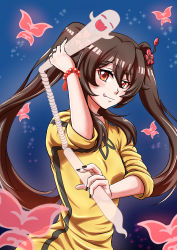 Rule 34 | 1girl, :d, :p, absurdres, alternate costume, arm up, atawatsho, bead bracelet, beads, black hair, bracelet, chinese clothes, commentary, genshin impact, ghost, hair between eyes, hair ornament, highres, holding, holding nunchaku, holding weapon, hu tao (genshin impact), jewelry, long hair, long sleeves, looking at viewer, nunchaku, open mouth, red eyes, sidelocks, simple background, sleeves rolled up, smile, tongue, tongue out, weapon