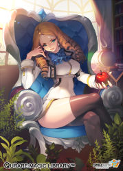 Rule 34 | 1girl, armchair, black thighhighs, blonde hair, blue upholstery, book, bookshelf, breasts, chair, crossed legs, drill hair, earrings, globe, green eyes, highres, inkwell, jewelry, large breasts, long sleeves, looking at viewer, matsuki ringo, newton (qurare), original, plant, quill, qurare magic library, sitting, solo, thighhighs