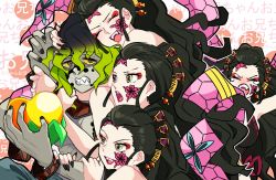 Rule 34 | 1boy, 4girls, absurdres, black hair, black nails, breasts, character request, clenched teeth, colored sclera, colored skin, closed eyes, fangs, fingernails, green eyes, green hair, grey skin, highres, hug, hug from behind, isuka, large breasts, long fingernails, makeup, monster strike, multiple girls, nail polish, open mouth, ponytail, red lips, sharp teeth, smile, symbol-shaped pupils, tears, teeth, translation request, yellow sclera
