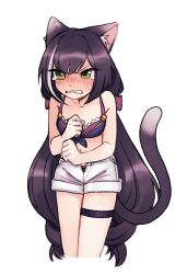 Rule 34 | 1girl, angry, animal ear fluff, animal ears, bikini, bikini under clothes, black hair, blush, breasts, cat ears, cat girl, cat tail, clenched hands, clenched teeth, collarbone, commission, cowboy shot, cropped legs, embarrassed, female focus, front-tie bikini top, front-tie top, green eyes, hair ribbon, hands up, highres, hoesmadder, karyl (princess connect!), karyl (summer) (princess connect!), leaning forward, legs together, long hair, multicolored hair, navel, nose blush, open fly, princess connect!, purple bikini, purple ribbon, ribbon, short shorts, shorts, sidelocks, simple background, small breasts, solo, streaked hair, swimsuit, tail, tears, teeth, thigh strap, thighs, two-tone hair, v-shaped eyebrows, very long hair, white background, white hair, white shorts