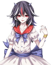 Rule 34 | 1girl, :p, bad id, bad pixiv id, black hair, black nails, bracelet, cone horns, dress, fangs, grey horns, highres, horns, jewelry, kijin seija, multicolored hair, nail polish, puffy short sleeves, puffy sleeves, red eyes, red hair, sheya, short hair, short sleeves, solo, streaked hair, tongue, tongue out, touhou, white hair