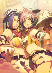 Rule 34 | 2girls, animal ears, animal print, asymmetrical docking, au ra, warrior of light (ff14), bare shoulders, bell, belt, bikini, black gloves, blurry, blurry background, breast press, breasts, closed mouth, commentary request, commission, cow ears, cow print, cowboy shot, detached sleeves, fake animal ears, final fantasy, final fantasy xiv, gloves, hair over one eye, hide (hideout), highleg, highleg panties, highres, holding, holding tray, horns, hyur, indoors, lips, long hair, looking at viewer, maid headdress, medium breasts, multiple girls, neck bell, orange eyes, panties, parted lips, pink hair, print bandeau, print bikini, print shorts, purple eyes, purple hair, red scarf, revealing clothes, scales, scarf, short hair, shorts, skeb commission, small breasts, smile, stomach, swimsuit, tray, underwear, waitress, yellow bikini