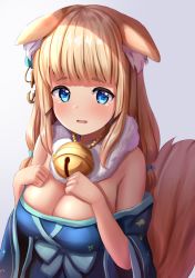 Rule 34 | 1girl, animal ears, azur lane, bare shoulders, bell, blonde hair, blue eyes, blue kimono, blunt bangs, blush, breasts, cleavage, clenched hands, commentary request, ears down, flower, fox ears, fox tail, hair flower, hair ornament, hands on own chest, japanese clothes, jingle bell, kimono, large breasts, long hair, looking at viewer, manda (manda9n), multiple tails, neck bell, niizuki (azur lane), obi, off shoulder, parted lips, sash, sidelocks, simple background, solo, standing, tail, tears, thick eyebrows, upper body, white background, wide sleeves
