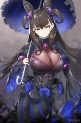 Rule 34 | 1girl, black dress, black hair, blue umbrella, breasts, brown eyes, cleavage, closed mouth, commentary request, cone hair bun, double bun, dress, fate/grand order, fate (series), frilled shirt collar, frills, hair between eyes, hair bun, hair ornament, holding, holding umbrella, jewelry, large breasts, long hair, murasaki shikibu (fate), see-through, simple background, solo, striped clothes, striped dress, twitter username, tyone, umbrella, very long hair