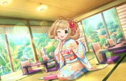 Rule 34 | 10s, 1girl, ahoge, artist request, blonde hair, green eyes, hair ornament, idolmaster, idolmaster cinderella girls, idolmaster cinderella girls starlight stage, japanese clothes, jpeg artifacts, kimono, light brown hair, long hair, official art, one eye closed, sato shin, smile, solo, twintails