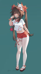 Rule 34 | 1girl, ;p, absurdres, akanbe, ankle bell, ankle rope, bell, black choker, black footwear, black gloves, breasts, center-flap bangs, cherry blossom print, chinese commentary, choker, commentary request, crop top, cropped shirt, dated, dolphin shorts, eyelashes, eyelid pull, facial mark, fingernails, floral print, flower, flower knot, fox mask, full body, gloves, green background, gym shirt, gym uniform, hair bell, hair ornament, hair ribbon, hand up, highres, honkai: star rail, honkai (series), index finger raised, jingle bell, long hair, looking at viewer, mask, mask on head, midriff, nail polish, navel, neck bell, o-ring, o-ring choker, okobo, one eye closed, pantyhose, pantyhose under shorts, partial commentary, pigeon-toed, platform footwear, purple eyes, purple flower, red footwear, red nails, red ribbon, red rope, red shorts, red tassel, red trim, ribbon, rope, sandals, shirt, short shorts, shorts, sidelocks, signature, simple background, single glove, skindentation, small breasts, solo, sparkle (honkai: star rail), standing, tachi-e, tongue, tongue out, tress ribbon, twintails, very long hair, white pantyhose, white shirt, wrist ribbon, zhishuixy