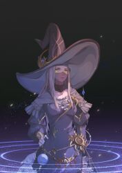 Rule 34 | absurdres, astrologian (final fantasy), black robe, blonde hair, breasts, capelet, chinese commentary, collarbone, commentary, constellation, covered face, cowboy shot, crescent, crescent hat ornament, cross-laced clothes, final fantasy, final fantasy xiv, fur capelet, hand on own hip, hat, hat ornament, highres, large hat, lips, long hair, long sleeves, looking at viewer, luciferase, medium breasts, miqo&#039;te, moon (ornament), night, night sky, orb, original, pointy hat, puffy long sleeves, puffy sleeves, robe, see-through, sky, slit pupils, star (sky), star ornament, straight hair, tassel, veil, warrior of light (ff14), witch hat, yellow eyes