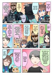 Rule 34 | 1other, 2boys, 2girls, absurdres, ace (arknights), ambiguous gender, amiya (arknights), animal ear fluff, animal ears, arknights, ascot, beard, book, character name, closed eyes, director, dobermann (arknights), doctor (arknights), dog ears, dog girl, english text, facial hair, highres, multiple boys, multiple girls, official art, rabbit ears, rabbit girl, real life, recording studio, right-to-left comic, stuffed animal, stuffed toy, sunglasses, tactical clothes, teddy bear, voice actor, yostar