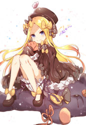 Rule 34 | 1girl, abigail williams (fate), absurdres, bad id, bad pixiv id, black bow, black dress, black footwear, black hat, blonde hair, bloomers, bow, bug, butterfly, closed mouth, commentary request, dress, fate/grand order, fate (series), hair bow, hands in opposite sleeves, hat, head tilt, high heels, highres, hiro (14806390), holding, holding stuffed toy, insect, long hair, long sleeves, looking at viewer, orange bow, parted bangs, polka dot, polka dot bow, purple eyes, sitting, sitting on object, smile, solo, star (symbol), starry background, stuffed animal, stuffed toy, teddy bear, underwear, very long hair, white background, white bloomers