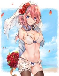 Rule 34 | 1girl, :q, absurdres, bare shoulders, beach, blue cardigan, blue eyes, blue sky, blush, bouquet, bra, breasts, bridal garter, brown thighhighs, cardigan, cleavage, closed mouth, cloud, cloudy sky, collarbone, commentary request, cowboy shot, day, flower, frilled panties, frills, garter straps, go-toubun no hanayome, groin, hair between eyes, hair flower, hair ornament, hand up, headphones, headphones around neck, highres, holding, holding bouquet, lace, lace-trimmed bra, lace-trimmed panties, lace trim, large breasts, long hair, long sleeves, looking at viewer, luminous, nakano miku, navel, ocean, off shoulder, outdoors, panties, petals, photoshop (medium), pink hair, red flower, rose, sidelocks, sky, sleeves past wrists, smile, solo, standing, stomach, thighhighs, tongue, tongue out, underwear, veil, white bra, white panties