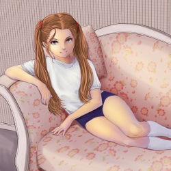 Rule 34 | 1girl, blue shorts, brown hair, couch, floral print, gekkou (geccomajin), grey eyes, gym uniform, indoors, light smile, looking at viewer, on couch, pillow, shirt, shorts, sitting, socks, t-shirt, twintails, white shirt, white socks