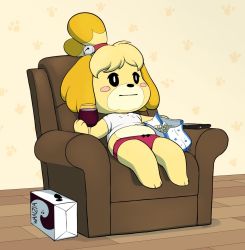 Rule 34 | 1girl, animal crossing, cup, drinking glass, food, highres, isabelle (animal crossing), looking away, nintendo, popcorn, red shorts, shirt, shorts, sitting, tummy fold, white shirt, wine glass, yellow background, yellowhellion