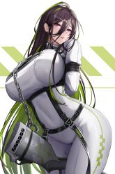 Rule 34 | 1girl, absurdres, arms behind back, black hair, bodysuit, bound, bound arms, breasts, chain, contrapposto, covered navel, cowboy shot, cuffs, goddess of victory: nikke, green hair, guilty (nikke), hair behind ear, highres, huge breasts, kurone rinka, long hair, looking at viewer, multicolored hair, parted lips, purple eyes, restrained, shackles, skin tight, solo, straitjacket, two-tone hair, very long hair, white bodysuit