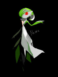 Rule 34 | 1girl, apios, black background, bob cut, colored skin, creatures (company), female focus, flat chest, full body, game freak, gardevoir, gen 3 pokemon, green hair, green skin, hair over one eye, hand up, highres, legs together, looking at viewer, multicolored skin, nintendo, no mouth, pokedex number, pokemon, pokemon (creature), red eyes, short hair, simple background, sketch, solo, standing, two-tone skin, white skin