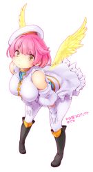 Rule 34 | 1girl, bare shoulders, boots, breasts, brown eyes, deto, dress, gloves, hands on own knees, hat, highres, large breasts, leaning forward, light smile, pink hair, shironeko project, short hair, simple background, solo, white background, white dress, white gloves, wings