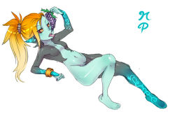 Rule 34 | 1girl, alternate hairstyle, barefoot, eating, food, fruit, grapes, image sample, maniacpaint, midna, nintendo, no headwear, no headwear, pointy ears, ponytail, red eyes, smile, solo, the legend of zelda, the legend of zelda: twilight princess
