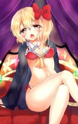 Rule 34 | 1girl, alternate costume, arm support, asymmetrical hair, asymmetrical wings, bikini, blonde hair, blush, breasts, couch, crossed legs, curtains, eyes visible through hair, fang, flandre scarlet, gradient background, hair ribbon, highres, jacket, legs, looking at viewer, ma-a, navel, open clothes, open jacket, red bikini, red eyes, red upholstery, ribbon, side ponytail, sitting, small breasts, solo, swimsuit, thighs, touhou, wings