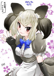Rule 34 | 1girl, animal ears, apron, black gloves, black hair, blue bow, bow, character name, chiki yuuko, closed mouth, commentary request, copyright name, dress, elbow gloves, fingerless gloves, flower, gloves, grey dress, kemono friends, maid, maid apron, multicolored hair, possum ears, possum girl, possum tail, puffy short sleeves, puffy sleeves, red eyes, scaly-tailed possum (kemono friends), short sleeves, smile, solo, tail, translation request, two-tone hair, white hair