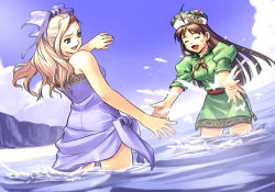 Rule 34 | 2girls, :d, ^ ^, ahoge, arm up, atelier (series), atelier viorate, bare shoulders, beach, belt, blonde hair, blue eyes, blush, bow, brigitt sihern, brown hair, closed eyes, cloud, day, dress, female focus, flower, frills, from behind, futaba jun, gust, hair bow, happy, hat, long hair, looking back, mountain, multiple girls, ocean, open mouth, outdoors, outstretched arms, outstretched hand, ribbon, short dress, sky, sleeves rolled up, smile, splashing, standing, swept bangs, viorate platane, wading, water
