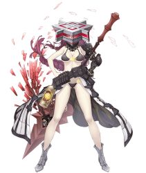 Rule 34 | 1girl, ankle boots, asymmetrical clothes, asymmetrical hair, belt, belt pouch, bikini, boots, braid, breasts, canister, dorothy (sinoalice), full body, gauntlets, glasses, hands on own hips, helmet, ji no, large breasts, long hair, looking at viewer, official art, polearm, pouch, purple hair, single gauntlet, sinoalice, solo, spear, swimsuit, transparent background, waist cape, weapon