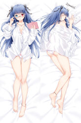 anklet ass azur_lane bare_legs bed blue_eyes blue_hair book breasts cleavage dakimakura_(medium) feet from_above glasses glasses_removed hair_ornament heterochromia ibuki_(azur_lane) jewelry lying maya_g necklace panties red_eyes shirt underwear white_shirt