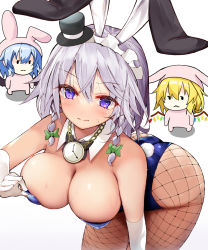 Rule 34 | 3girls, :3, alternate costume, animal ears, bat wings, black headwear, black legwear, blonde hair, blue hair, blue leotard, blush, bow, breasts, chain, chibi, cleavage, closed mouth, commentary request, crystal, detached collar, efe, elbow gloves, embarrassed, fake animal ears, fishnet legwear, fishnets, gloves, gold chain, hair between eyes, hair bow, hair ornament, hanging breasts, hat, izayoi sakuya, large breasts, leaning forward, leotard, mini hat, mini top hat, multiple girls, pantyhose, playboy bunny, pocket watch, pointy ears, purple eyes, rabbit ears, rabbit tail, siblings, silver hair, simple background, sisters, smile, solo focus, sweatdrop, tail, top hat, touhou, watch, white background, white gloves, white headwear, wings