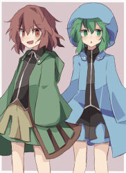 Rule 34 | 2others, androgynous, black shirt, blue coat, blue shorts, border, coat, collared shirt, commentary request, green coat, green eyes, green hair, green shorts, hood, hood up, hooded coat, len&#039;en, long sleeves, minoru minoru, multiple others, open clothes, open coat, open mouth, other focus, red eyes, red hair, shirt, shitodo aoji, shitodo hooaka, short hair, shorts, siblings, simple background, sleeves past fingers, sleeves past wrists, smile, white border