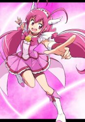 Rule 34 | 1girl, antenna hair, bike shorts, boots, bow, bracelet, brooch, choker, cure happy, dress, foreshortening, frilled skirt, frills, head wings, highres, hoshizora miyuki, jewelry, leg up, long hair, magical girl, open mouth, outstretched arms, pink background, pink bow, pink dress, pink eyes, pink footwear, pink hair, pointing, precure, skirt, smile precure!, solo, spread arms, tiara, twintails, uraki, wings