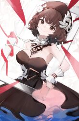 Rule 34 | 1girl, absurdres, animal ears, arknights, bare arms, bare shoulders, black dress, bow, bowtie, breasts, brown eyes, brown hair, brown hat, cleavage, commentary request, detached collar, dress, ema (kuguiema), hair ornament, hat, highres, large breasts, looking at viewer, official alternate costume, roberta (arknights), roberta (granter of colors) (arknights), short hair, smile, solo, split mouth, strapless, strapless dress, white bow, white bowtie