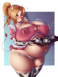 Rule 34 | 1girl, animal ears, animal print, areola slip, artist name, big belly, blonde hair, blush, breasts, choker, cleavage, clothes lift, clothing cutout, coffee, coffeeslice, collarbone, covered erect nipples, cow ears, cow girl, cow horns, cow print, cow print gloves, cow print thighhighs, cow tail, cowboy shot, cup, dark areolae, dress, dress lift, elbow gloves, embarrassed, frilled dress, frilled sleeves, frills, gloves, groin, hairband, heart cutout, highres, horns, huge breasts, lactating into container, lactation, lactation through clothes, large areolae, large nipples, maid, motion lines, nipples, no bra, original, outie navel, panties, plump, ponytail, pregnant, print gloves, print thighhighs, projectile lactation, puffy areolae, puffy nipples, shiny skin, short dress, sidelocks, signature, skindentation, solo, standing, sweat, tail, thick thighs, thighhighs, thighs, tray, underwear, wavy mouth, wide hips, yellow eyes