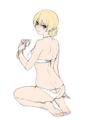 Rule 34 | 1girl, ass, ass cutout, back, bad id, bad pixiv id, ban! (bansankan), bangle, bikini, blonde hair, blue eyes, bracelet, braid, butt crack, clothing cutout, commentary request, cup, darjeeling (girls und panzer), dimples of venus, feet, from behind, full body, girls und panzer, hair between eyes, halterneck, holding, holding cup, jewelry, looking at viewer, looking back, seiza, short hair, sitting, smile, solo, strap gap, swimsuit, teacup, toes, white background, white bikini