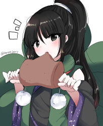 Rule 34 | 1other, absurdres, adagumo no yaorochi, black eyes, black hair, black kimono, black sleeves, blush, boned meat, check commentary, commentary, commentary request, detached sleeves, eating, food, green jacket, green scarf, high side ponytail, highres, holding, holding food, jacket, japanese clothes, kataginu, kimono, len&#039;en, long hair, meat, multiple tails, notice lines, ougi hina, pom pom (clothes), purple trim, red scarf, scarf, signature, snake tail, tail, twitter username, v-shaped eyebrows, wide sleeves