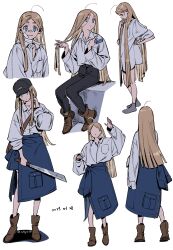 Rule 34 | 1boy, ahoge, ainsley (adey), androgynous, ankle boots, arm at side, arm up, bag, bandaged neck, bandages, baseball cap, black headwear, black pants, blonde hair, blue eyes, boots, brown footwear, clothes around waist, comb, cropped torso, dated, faceless, faceless male, facing away, grey socks, hair between eyes, hand on own hip, hand on own neck, hand up, hat, highres, holding, holding comb, holding hair, holding knife, holding weapon, injury, jacket, jacket around waist, knife, long hair, long sleeves, looking at viewer, looking down, male focus, multiple views, no pants, no shoes, original, oversized clothes, oversized shirt, pants, pocket, profile, shirt, simple background, sitting, sleeves rolled up, socks, standing, straight hair, ten (lu2948d), twitter username, very long hair, waving, weapon, white background, white shirt